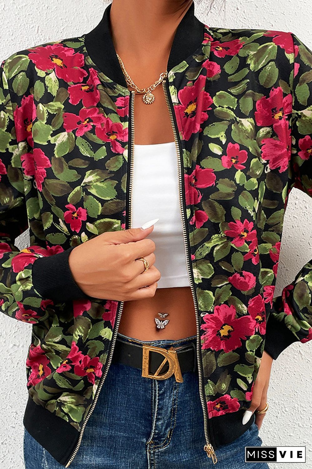 Front Open Zipper Floral Baseball Jacket Coat