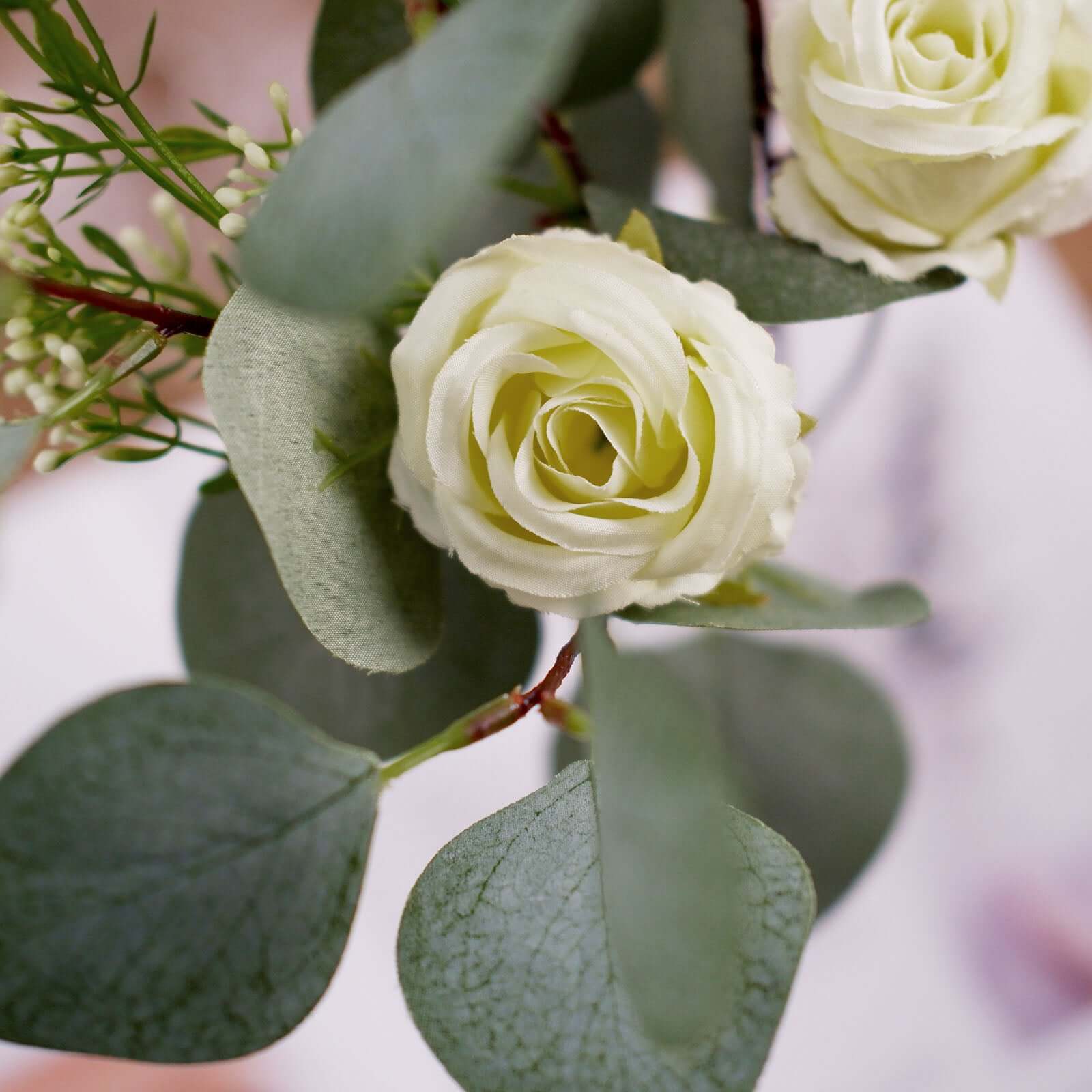 Ivory Artificial Silk Rose and Eucalyptus Flower Bouquet Arrangement 15