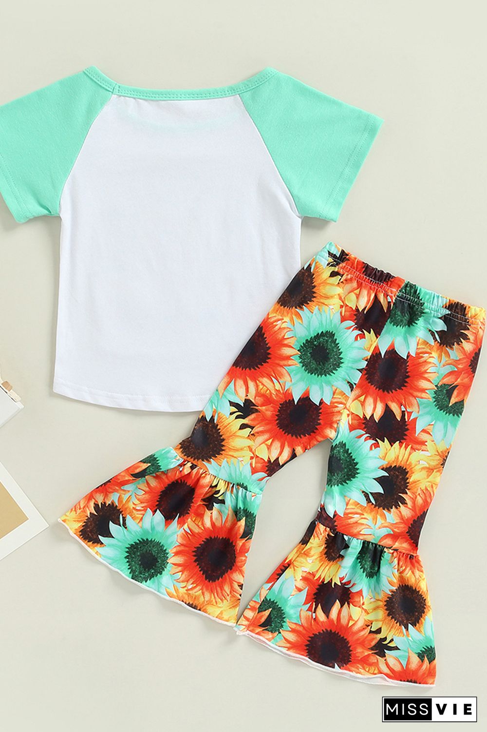 Sun Flower Short Sleeve Top & Flare Pants 2PCS Set Wholesale