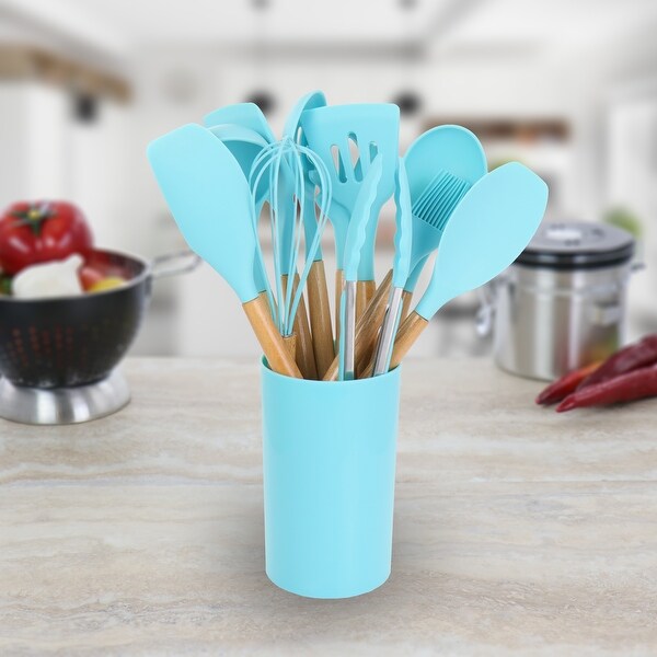 12 Piece Turquoise Silicone and Wood Cooking Utensils