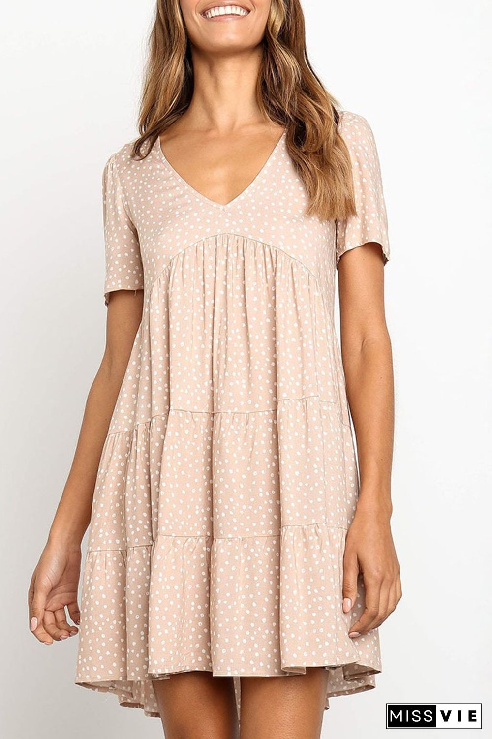 V-Neck Dot Print Short Sleeve Dress