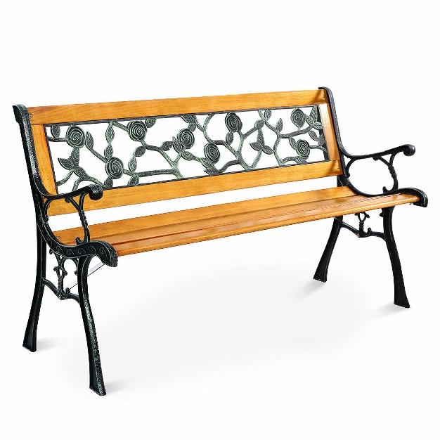 Costway Patio Park Garden Bench Porch Chair Outdoor Deck Cast Iron Hardwood Rose