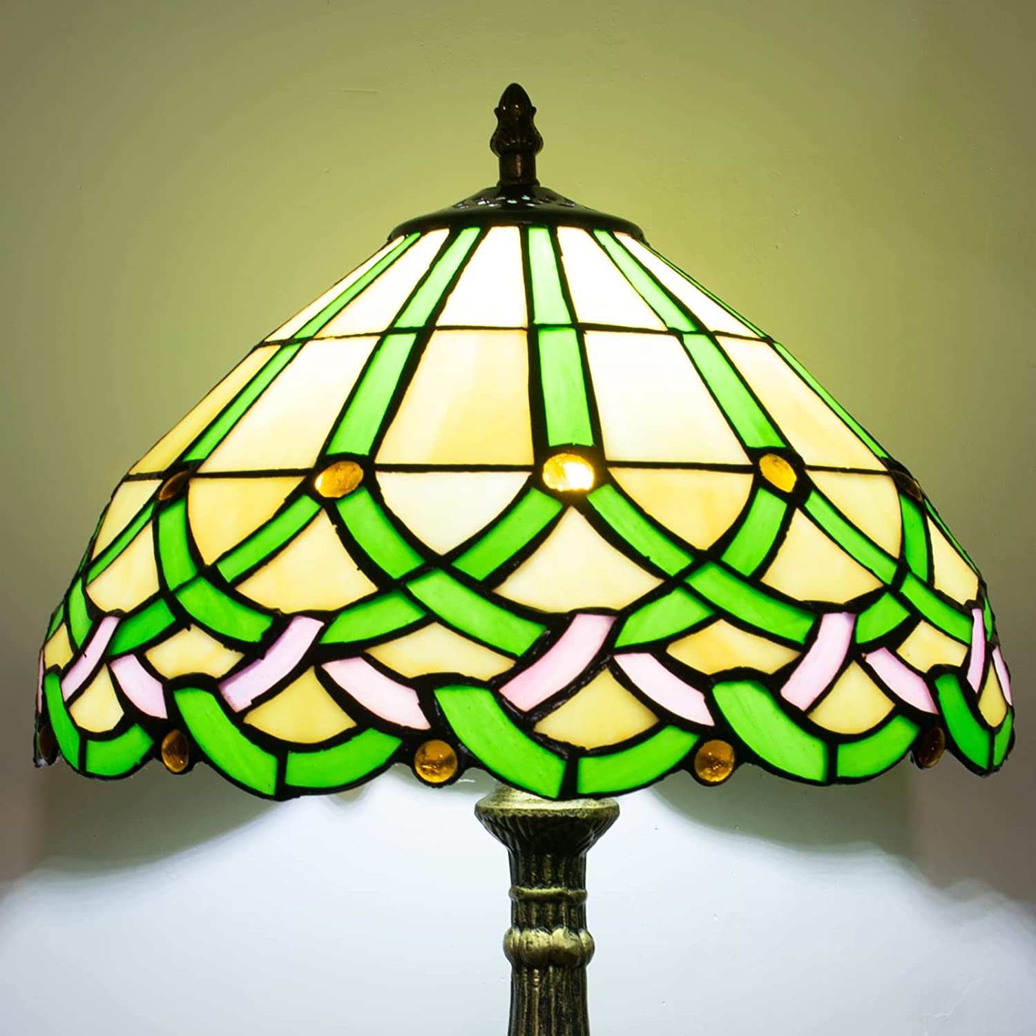 SHADY  Table Lamp Stained Glass Bedside Lamp Green Floral Desk Reading Light 18&#34; Tall Vintage Antique Style Banker Lamp Room Bedroom Living Study Coffee Bar Office LED Bulb Inc