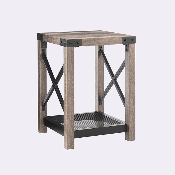 Farmhouse Wood Side Table with Mesh Shelf