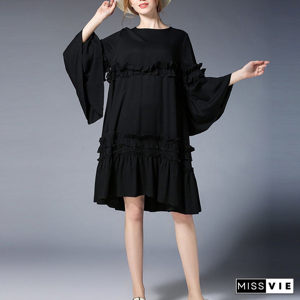 fashion black Midi-length linen dress plus size clothing linen maxi dress Elegant flare sleeve ruffles midi dress