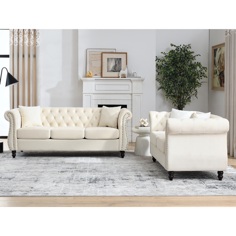 Velvet Chesterfield Sofa Set with Nailhead Trim and Tufted Low Back (Includes Pillows  3 Seater + Loveseat)