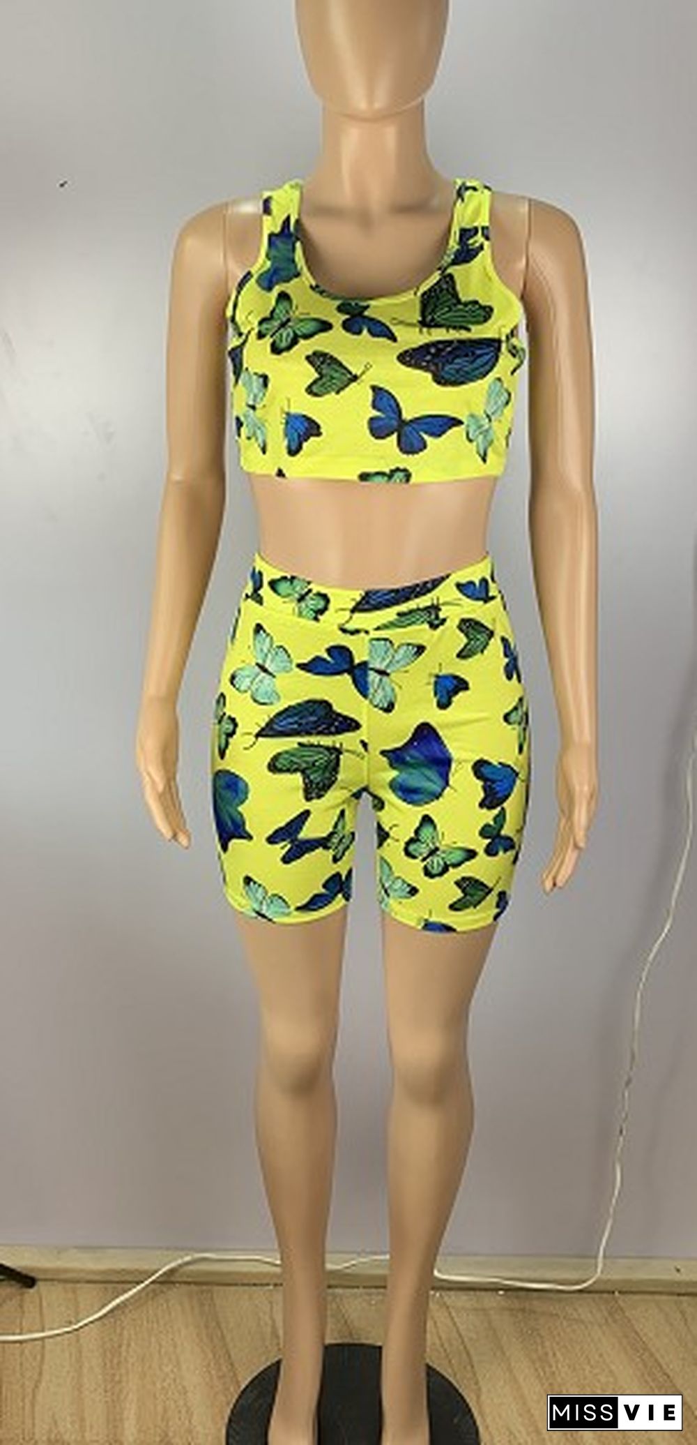 Sexy Butterfly Print Bodice Wrap Tight Shorts Two-piece Set