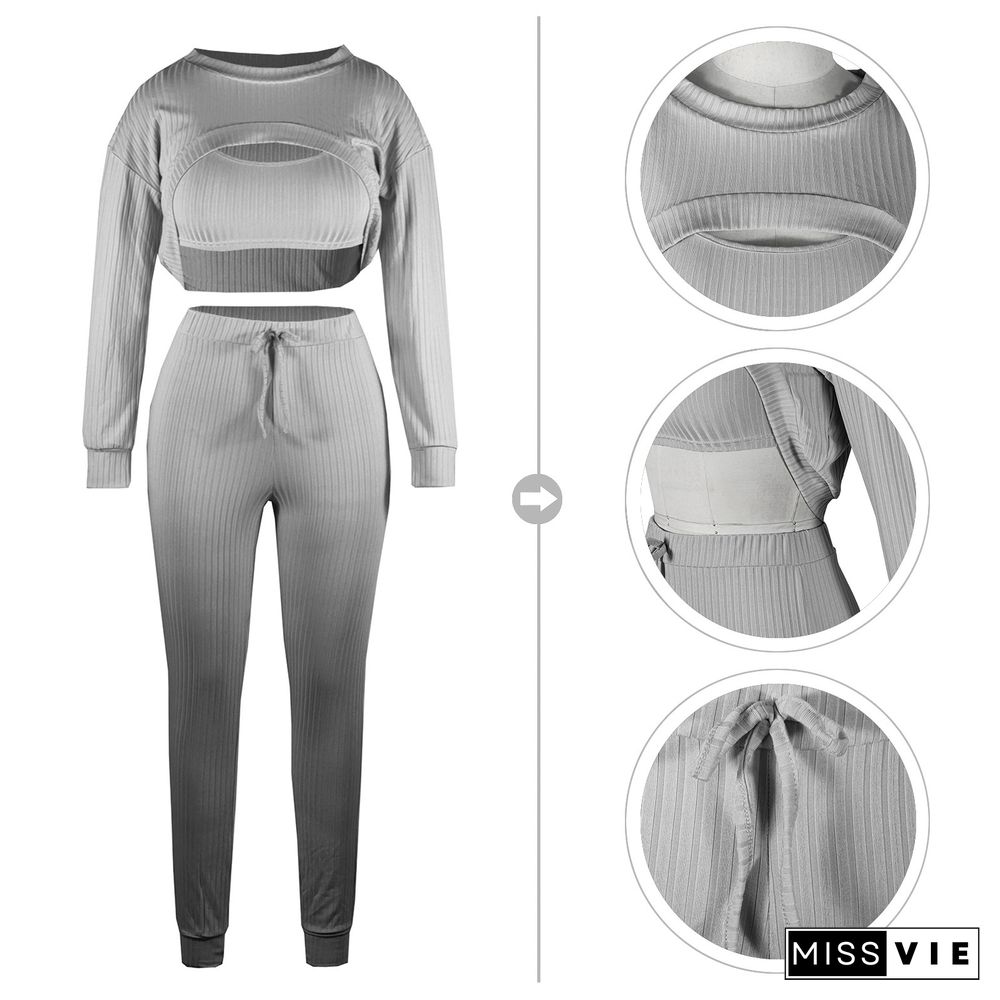 Long Sleeve Crop Top And Pants 3 Piece Sweatsuits