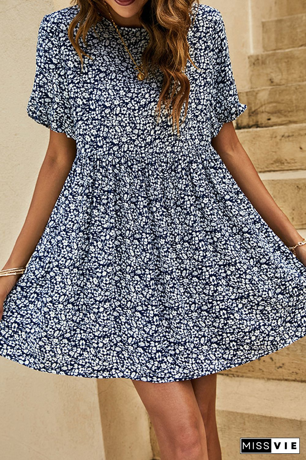 Flower Printing Short Sleeve Mini Dress