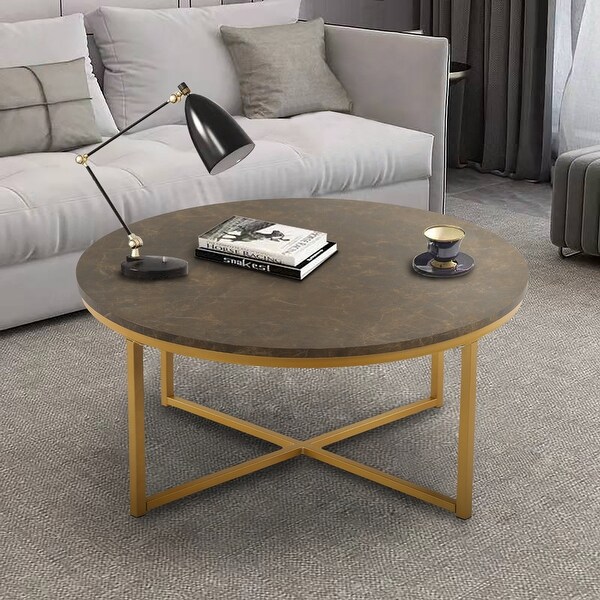 EPOWP Cross Legs MDF Coffee Table with Metal Base， Brown and Golden