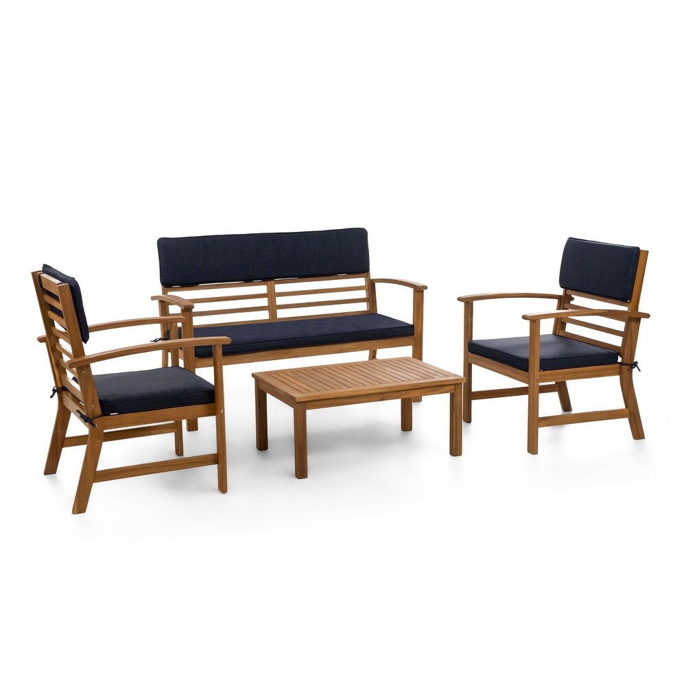 Hana 4 piece Acacia Patio Bench   Table Set with Cushions