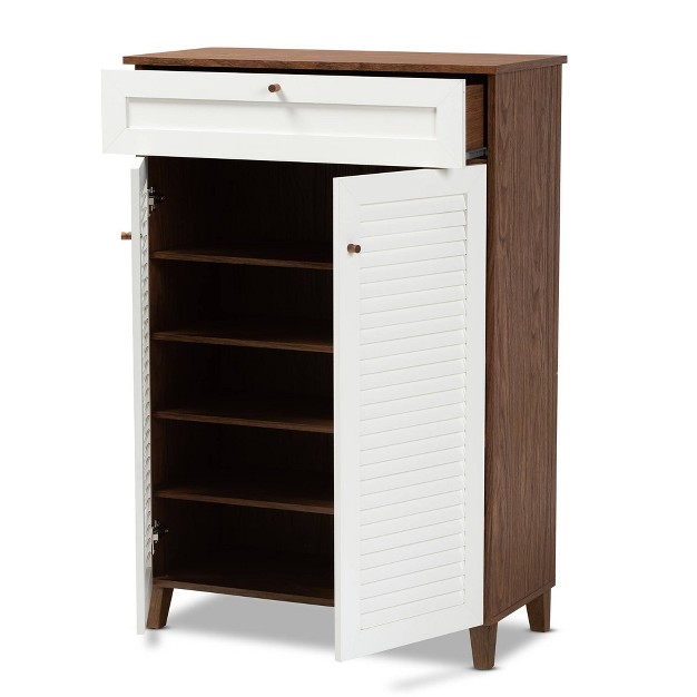 Coolidge 5 Shelf Wood Shoe Cabinet With Drawer White walnut Baxton Studio