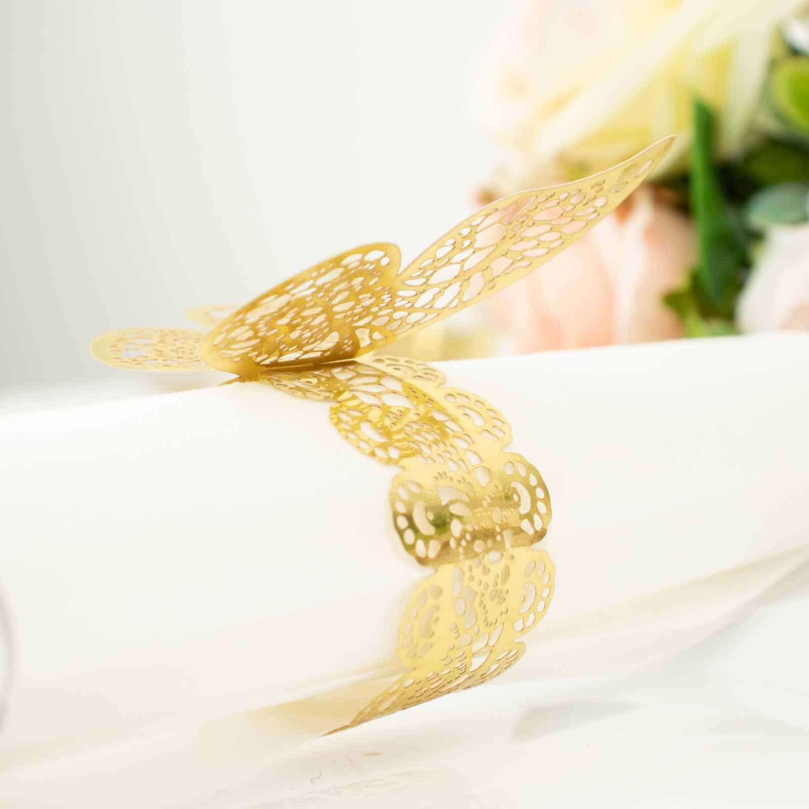 12 Pack Metallic Gold Foil Laser Cut Butterfly Paper Napkin Rings, Chair Sash Bows, Serviette Holders