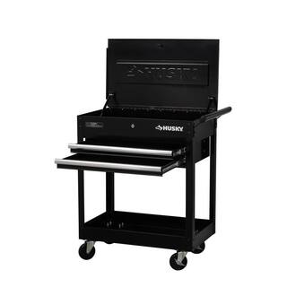 Husky 28 in. W x 16.3 in. D Standard Duty 2-Drawer Rolling Tool Utility Cart with Lift-Top in Gloss Black H2DMC