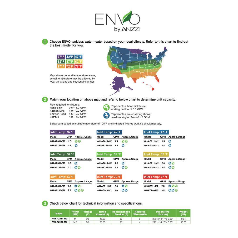 ANZZI WH-AZ011-M2 ENVO Arima 11 kW 2.3 GPM Tankless Electric Water Heater WH-AZ011-M2