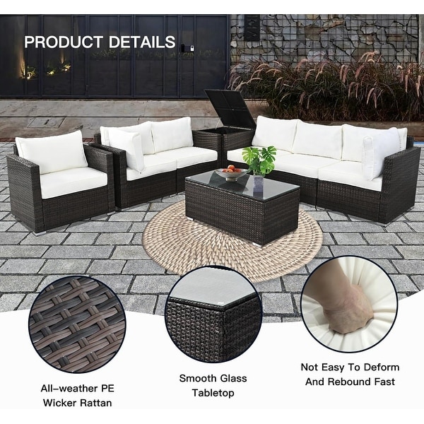 8Pieces Brown Wicker Outdoor Sectional Set with Glass Coffee Table