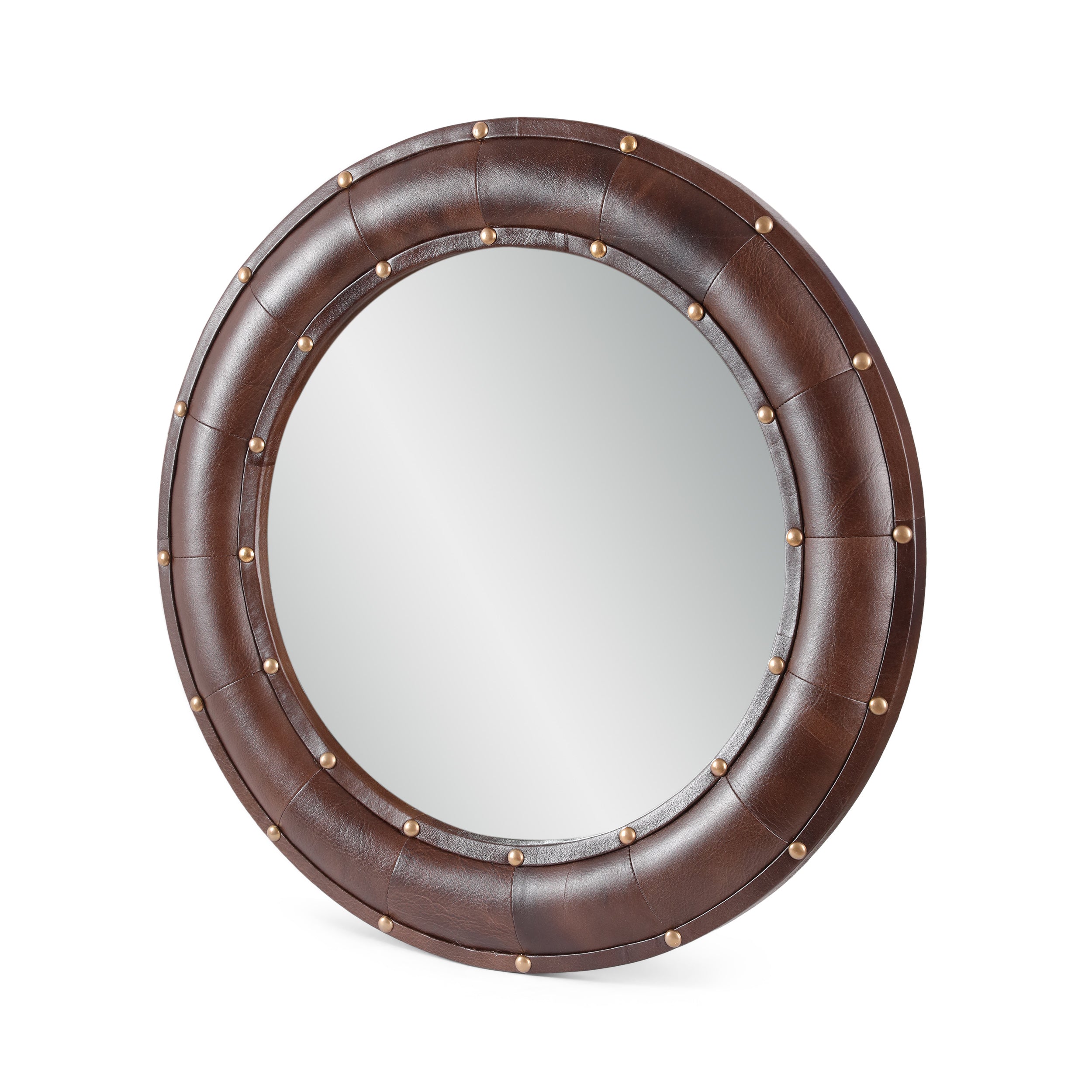 Nahunta Handcrafted Boho Studded Leather Round Wall Mirror