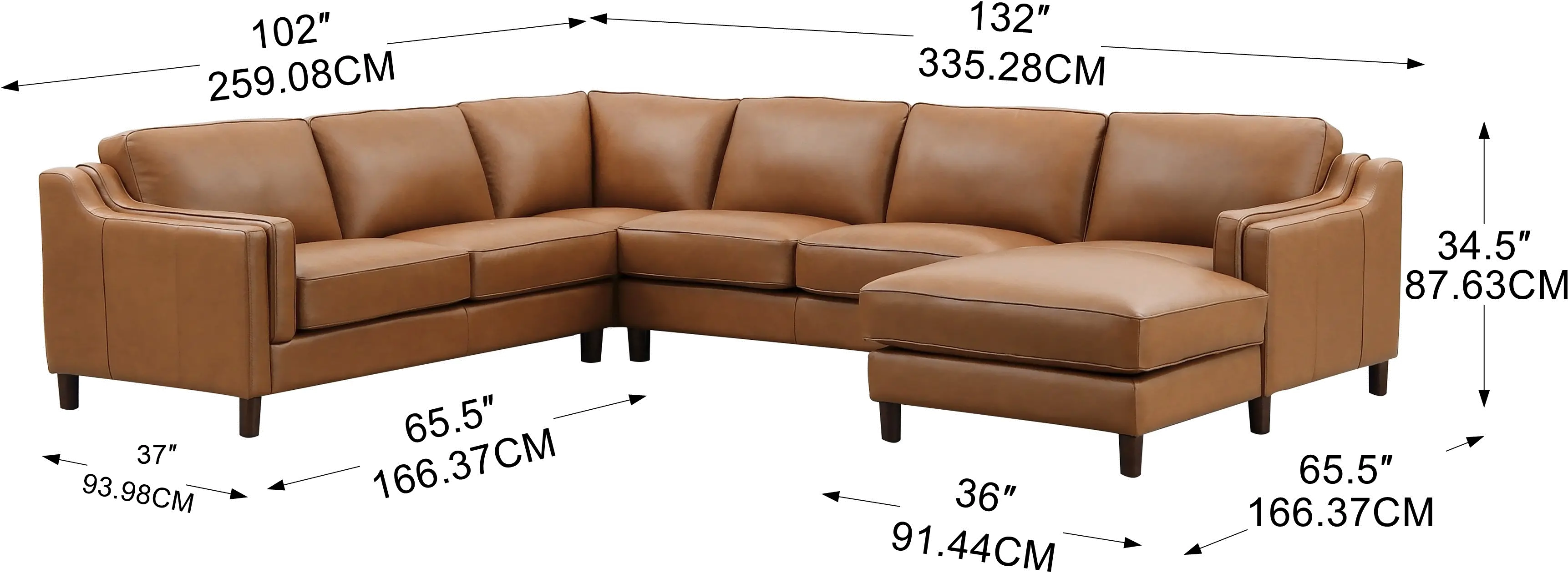 Ballari Cognac Brown Leather 4 Piece Sectional with Right-Facing Chaise