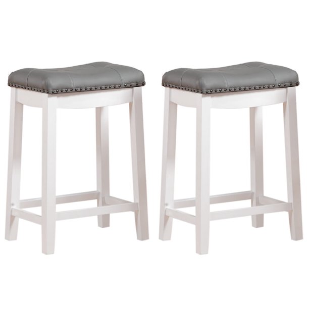 Angel Line Cambridge 24 Padded Saddle Stool， White w/ Gray Cushion， Set of 2