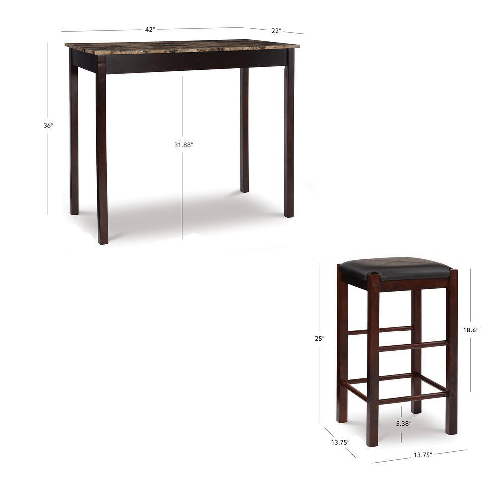 Linon Home Decor Tahoe Espresso Wood with Faux Marble Top 3-Piece Tavern Set and Padded Seats 02859SET-01-KD-U