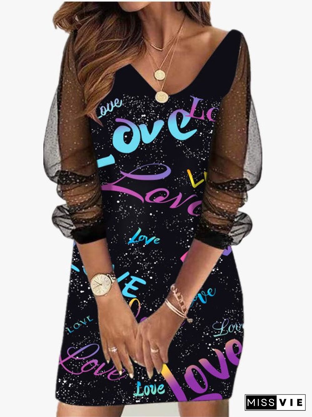 Women's Long Sleeve V-neck Stitching Graphic Midi Dress