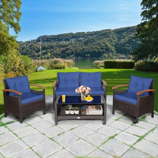 4 Pieces Patio Rattan Furniture Set with Cushioned Sofa and Storage Table - 46.5