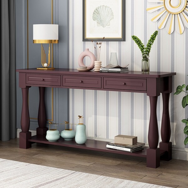 Sofa Table with Storage Drawers and Bottom Shelf， Wood Console Table