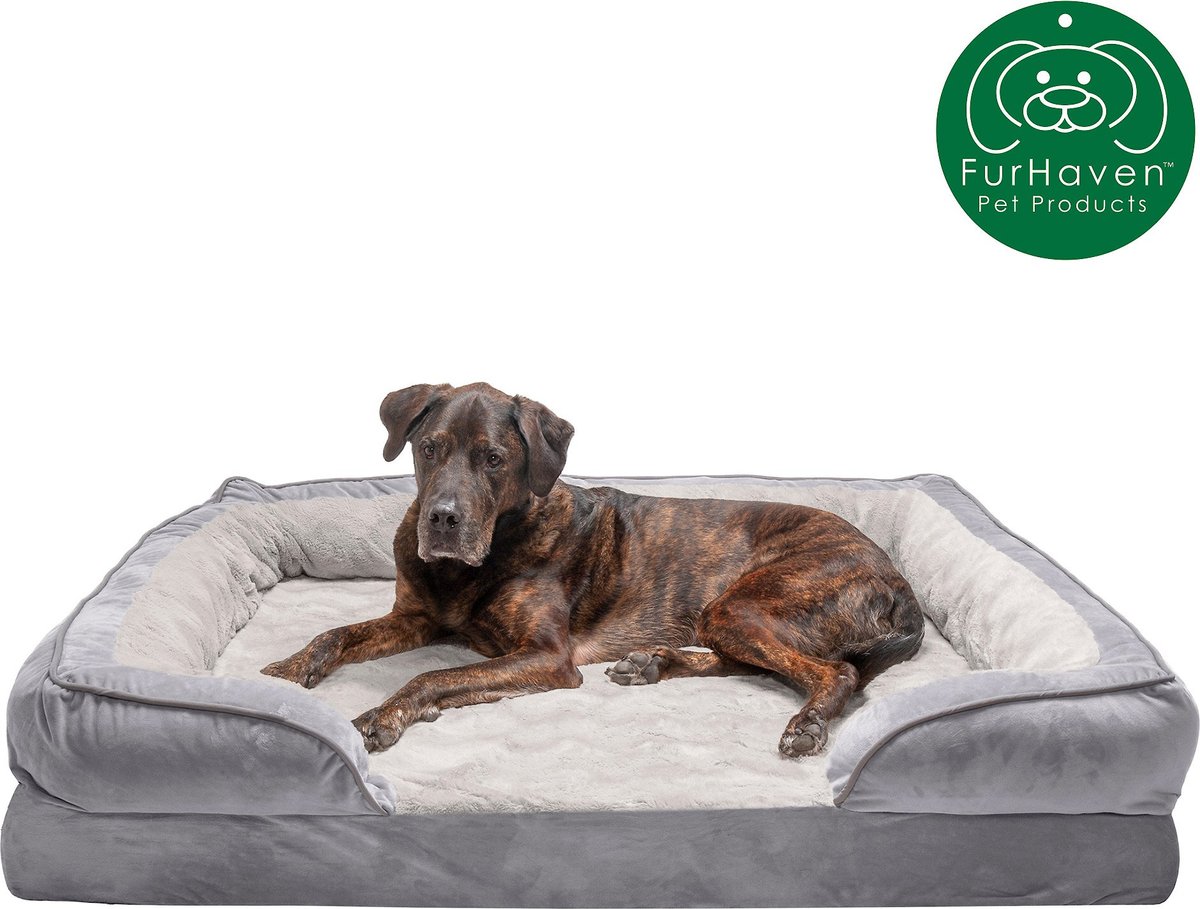 FurHaven Velvet Waves Perfect Comfort Orthopedic Sofa Cat and Dog Bed， Granite Gray， Jumbo Plus