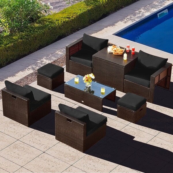 Costway 8PCS Patio Rattan Furniture Set SpaceSaving Storage Cushion