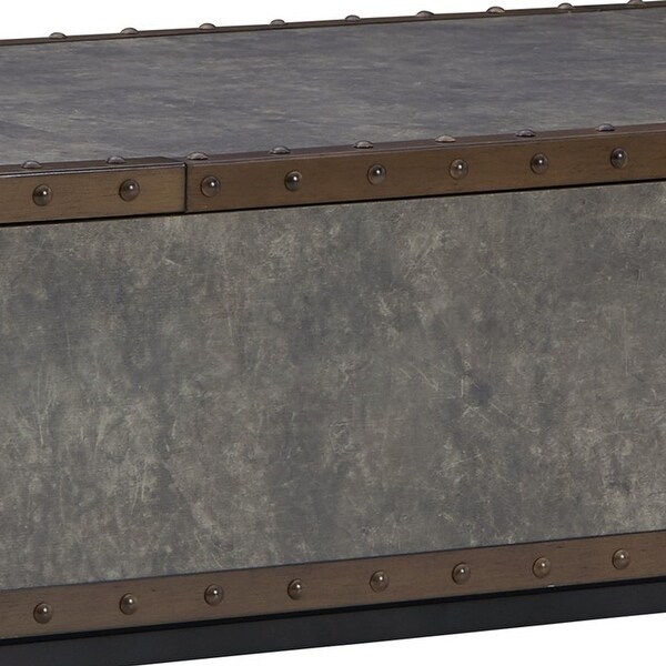 54 Inch Rectangular Trunk Coffee Table， Lift Top with 2 Bins， Bronze， Gray