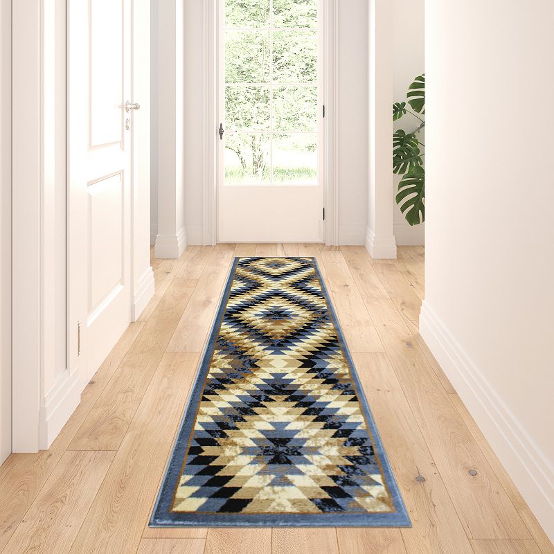 Masada Rugs Masada Rugs Stephanie Collection 2'x7' Area Rug Runner with Distressed Southwest Native American Design 1106 in Blue， Black， Brown and Beige