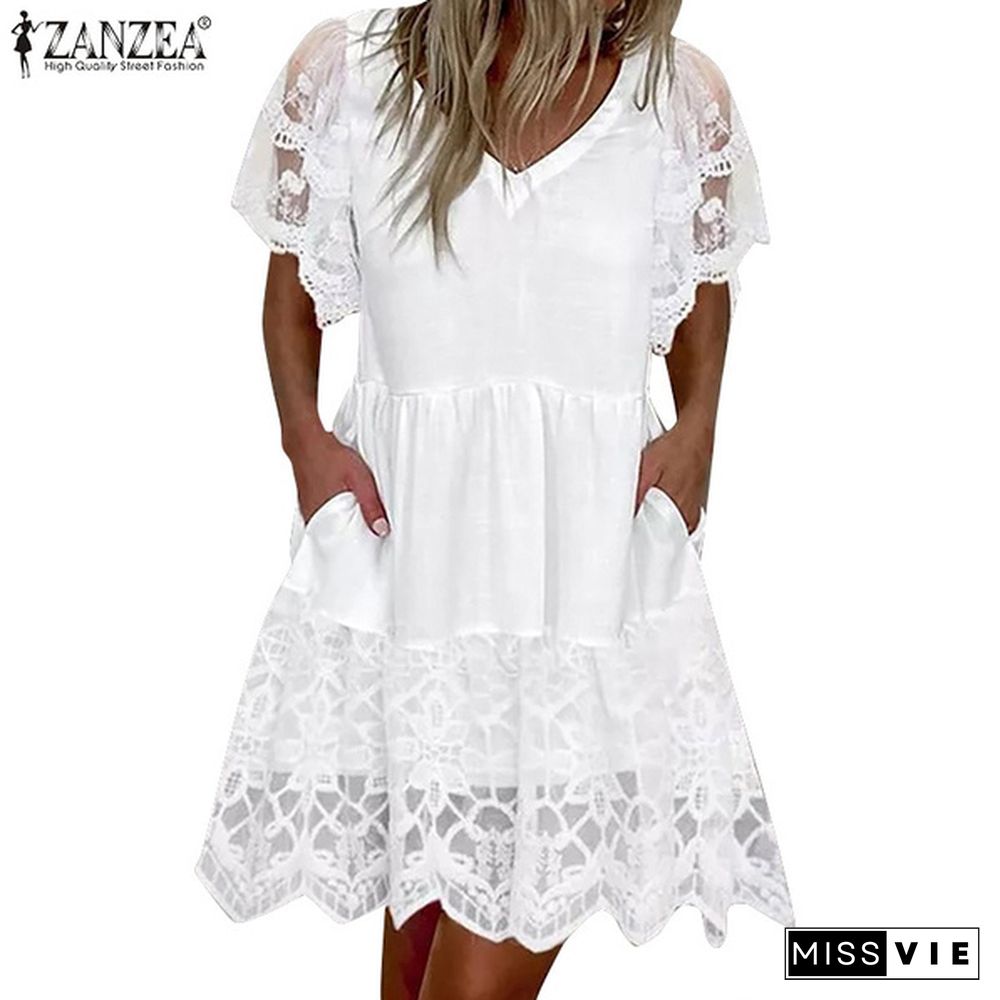 S-5XL Vintage Ladies Loose V Neck Lace Patchwork Sundress Holiday Beach Summer Mini Shirt Dress