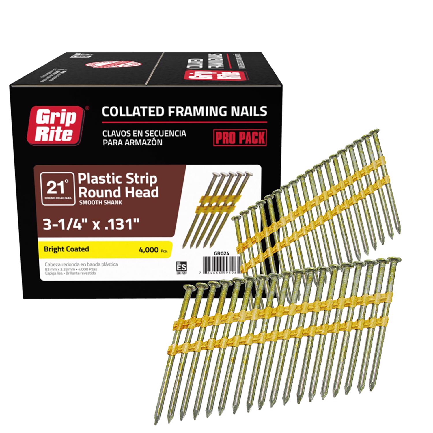 Grip-Rite 3-1/4 in. 10-1/4 Ga. Angled Strip Bright Framing Nails 21 deg 4000 pk