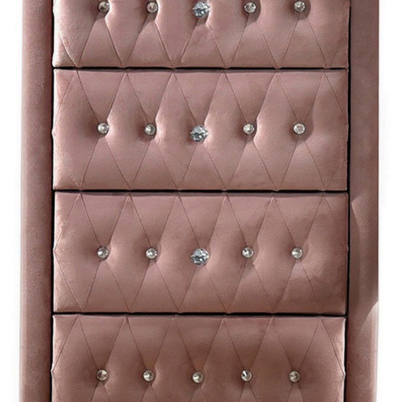 Rex 38 Inch Tall Upholstered Dresser Chest， 4 Drawer， Crystal Handles， Pink