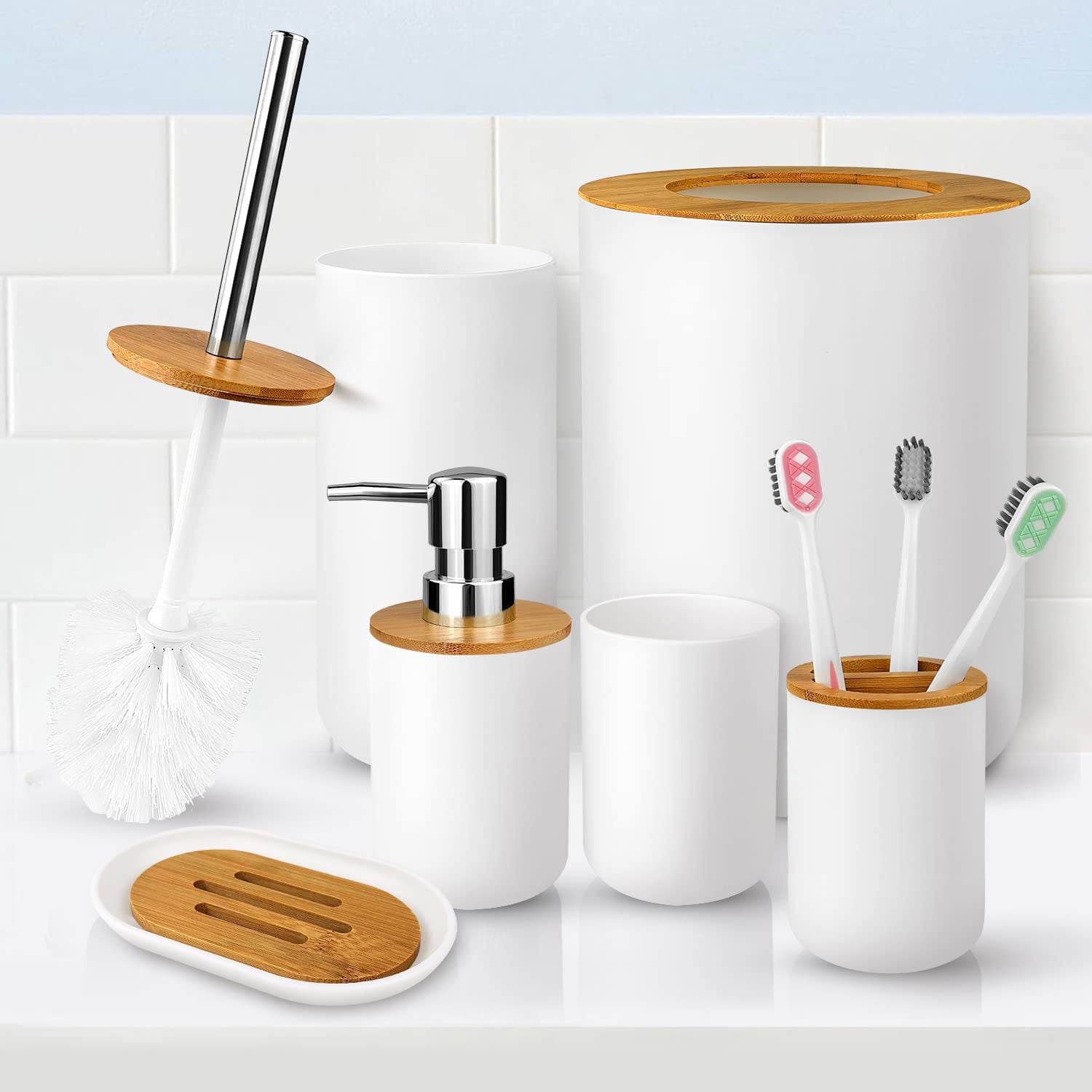 6 Pcs Bamboo and Plastic Bathroom Accessories Sets， Specially Designed for Small Spaces， Suitable for Homes， Hotels， Office Buildings (White)