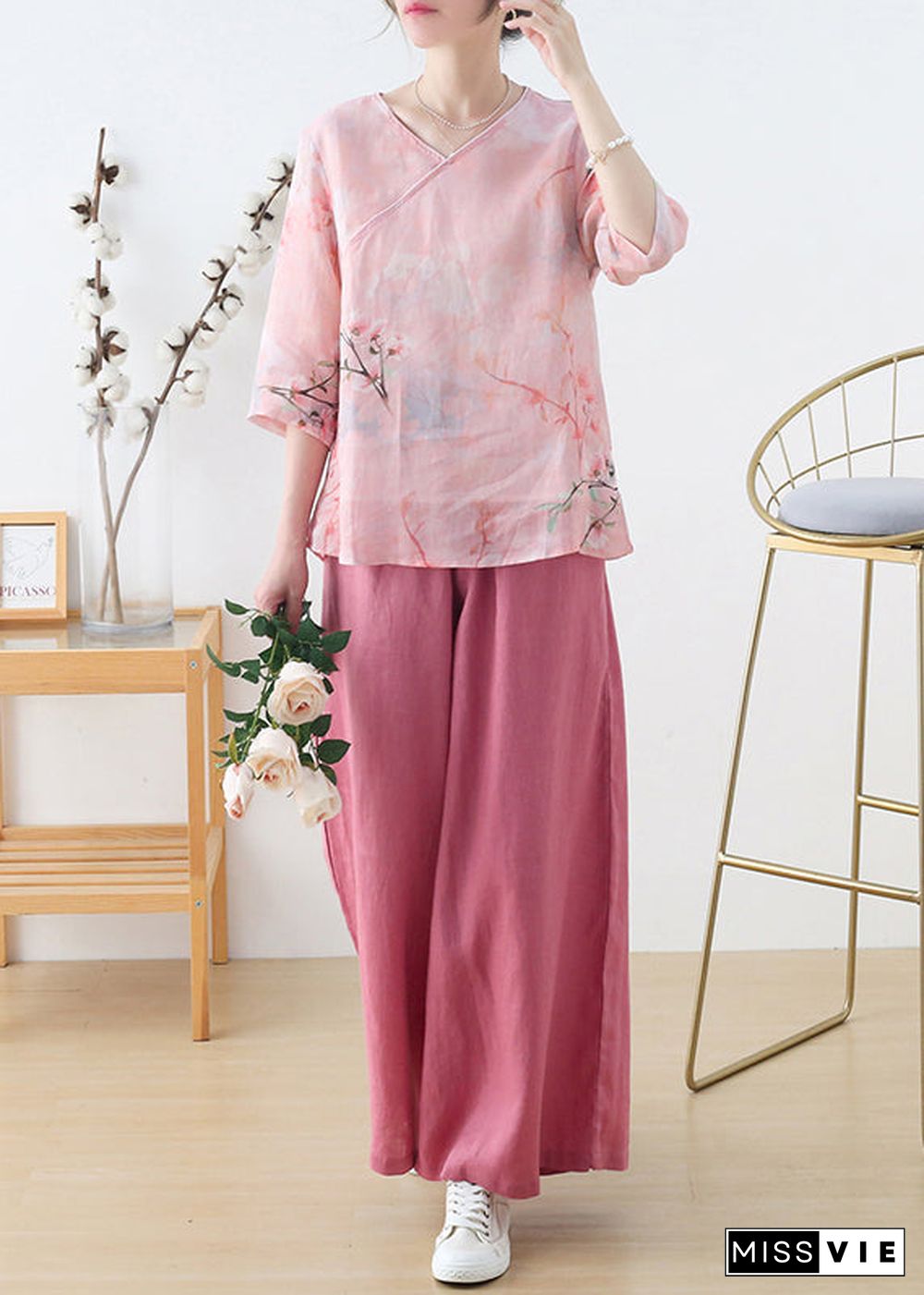 Elegant Pink V Neck Print Linen Shirt Top Half Sleeve