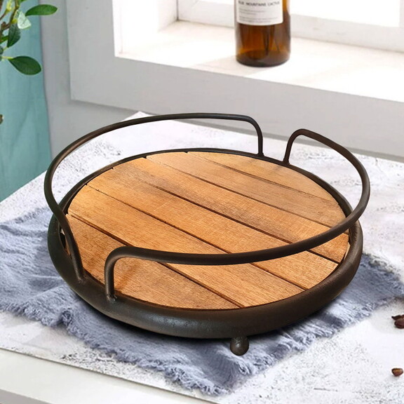 Round Tubular Metal Frame Tray with Plank Style Wo...