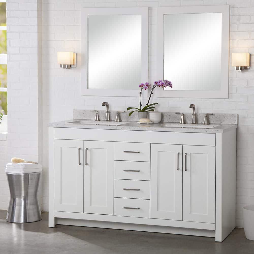 Home Decorators Collection 61 in W x 22 in D Solid Surface Technology Double Sink Vanity Top in Silver Ash with Integrated White Sinks