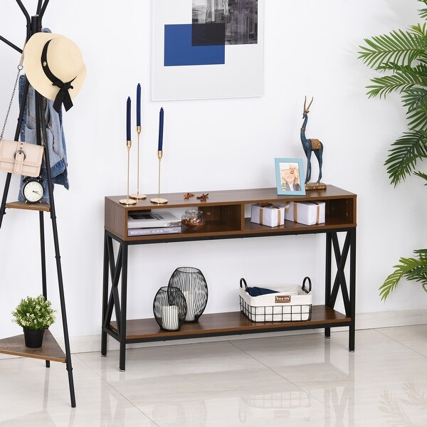 HOMCOM Industrial Style Entryway Console Table Desk with Shelf for Living Room， or Bedroom， Walnut Wood Grain