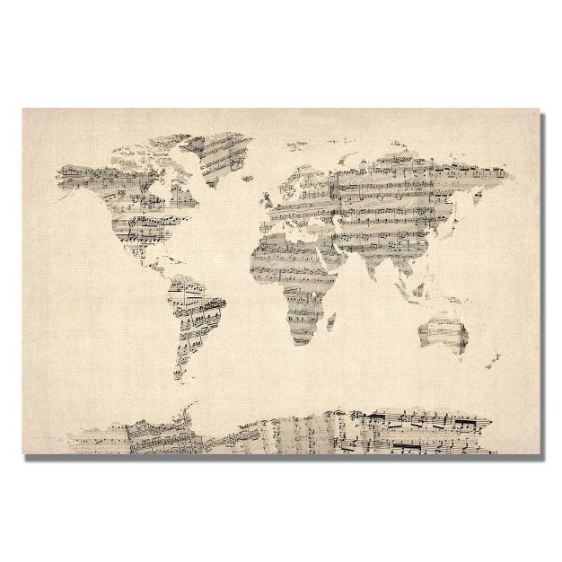 X 32 quot Old Sheet Music World Map By Michael Tompsett Trademark Fine Art