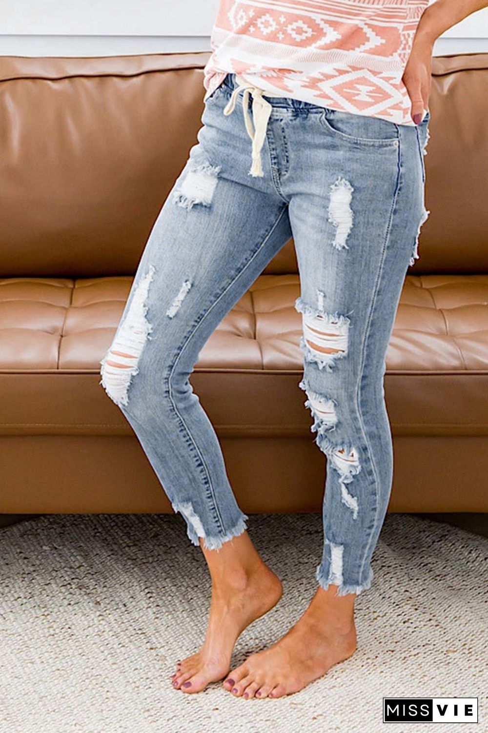 Drawstring Waist Ripped Skinny Denim Jeans