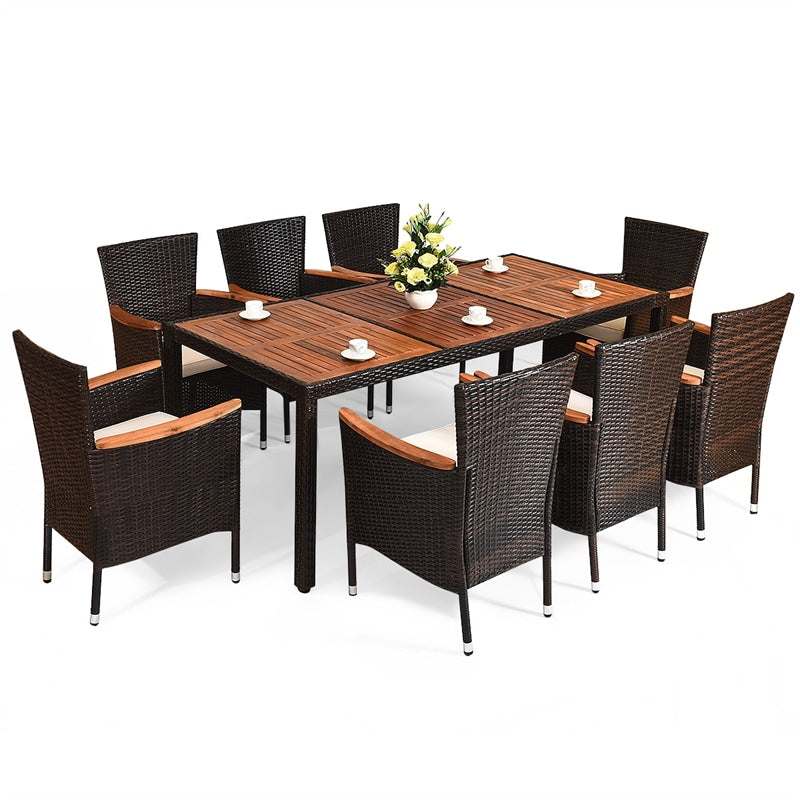 9 Pcs Rattan Patio Dining Set with Acacia Wood Tabletop & Cushioned Stackable Armchairs