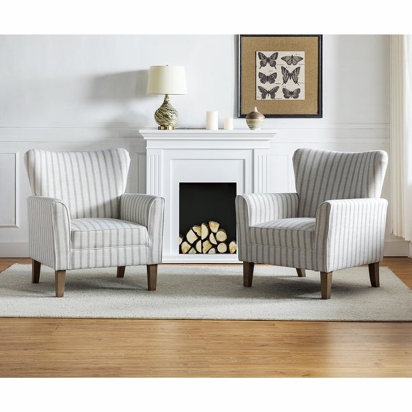 Warren Farmhouse Striped Wingback Chair with Solid Wood Legs Set of 2 by HULALA HOME