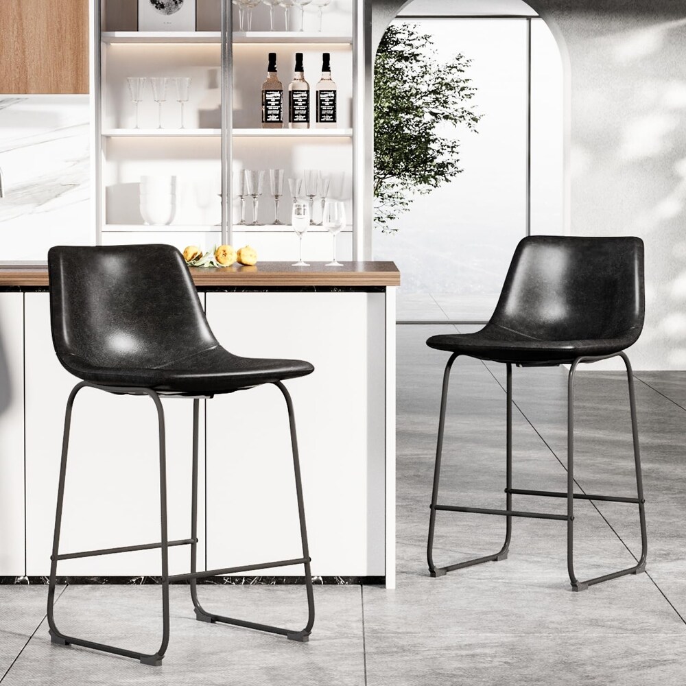 Counter Height Bar Stools Set of 2 PU Leather Barstools with Metal Leg