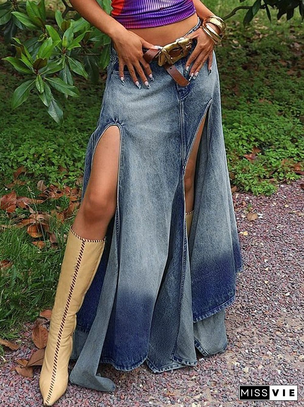 High Slit Denim Maxi Skirt