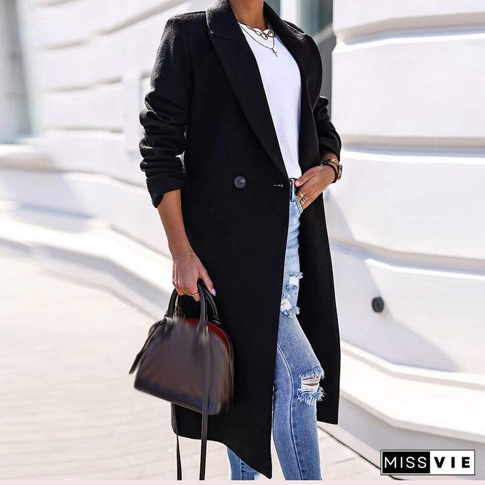 New Fashion Women Long Sleeve Lapel Woolen Coat Casual Solid Single Breasted Jacket Ladies Loose Commuter Temperament Coats