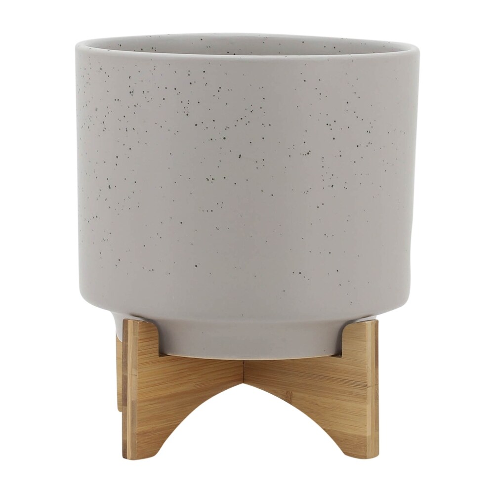 Matte Beige Grey Handmade Planter with Natural Wood Stand