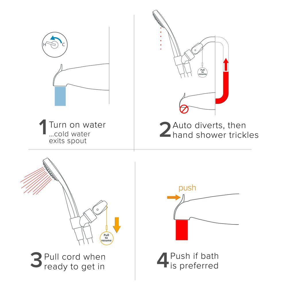 Evolve 3-Spray Patterns with 1.5 GPM 3.25 in. Wall Mount Handheld Shower Head with Auto Diverting Tub Spout Diverter in Chrome EV3342-CP150-SB