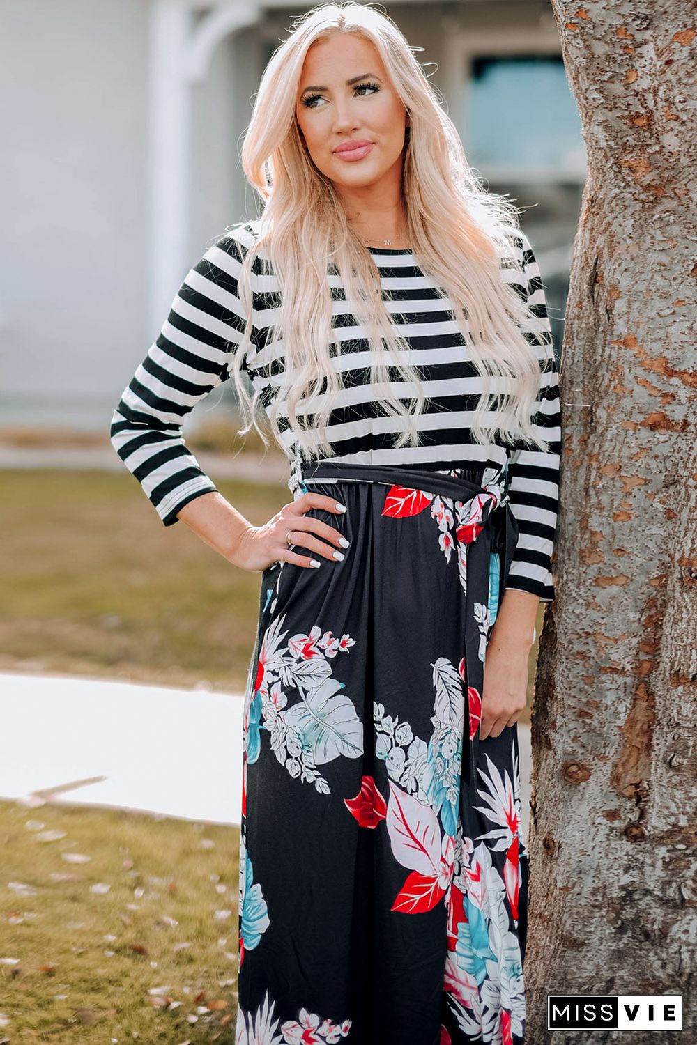 Striped Floral O-Neck Long Dress