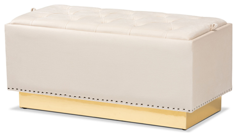 Powell Beige Velvet Fabric Upholstered and Gold PU Leather Storage Ottoman   Contemporary   Footstools And Ottomans   by VirVentures  Houzz